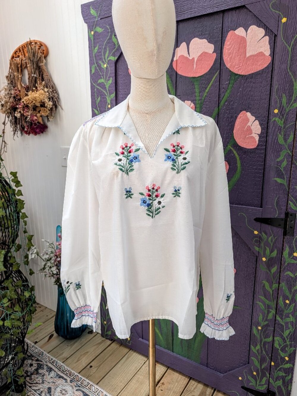 Vintage Swiss White Hand Embroidered Floral Peasant Blouse by Bex AS IS size 44